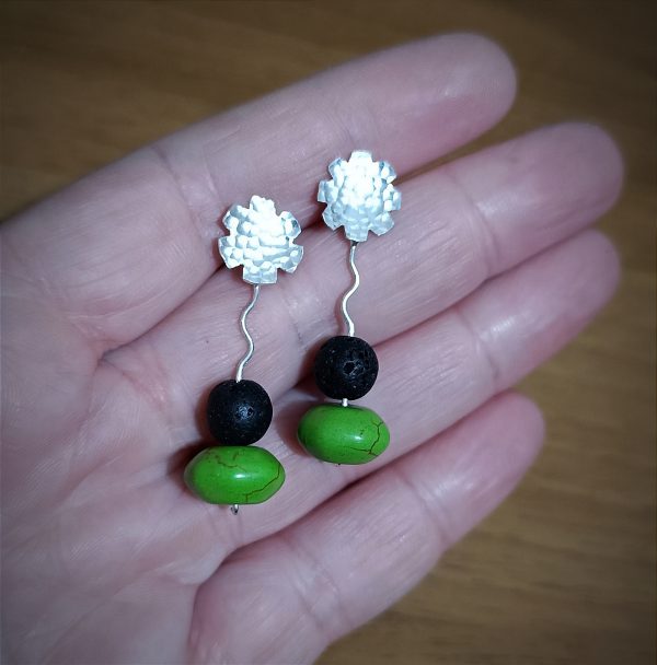 Silver Stud earrings with lava and green howlite stones