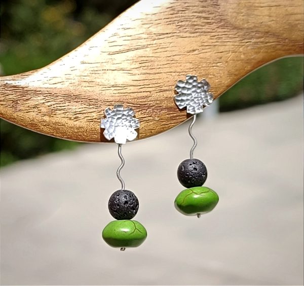 Silver Stud earrings with lava and green howlite stones - Image 2