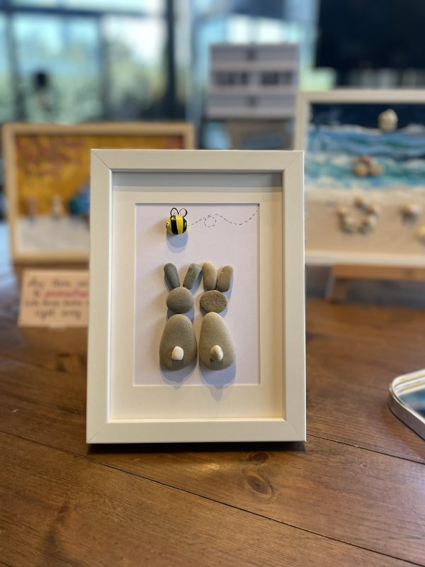 Framed Pebble Art “Happy Bunnies” - Image 2