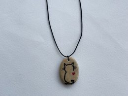 Hand Painted Pebble Necklace "Cat Silhouette"