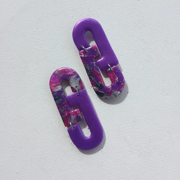Marbled purple, fuchsia and silver statement stud earrings