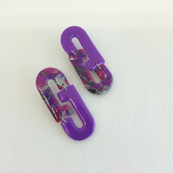 Marbled purple, fuchsia and silver statement stud earrings - Image 3