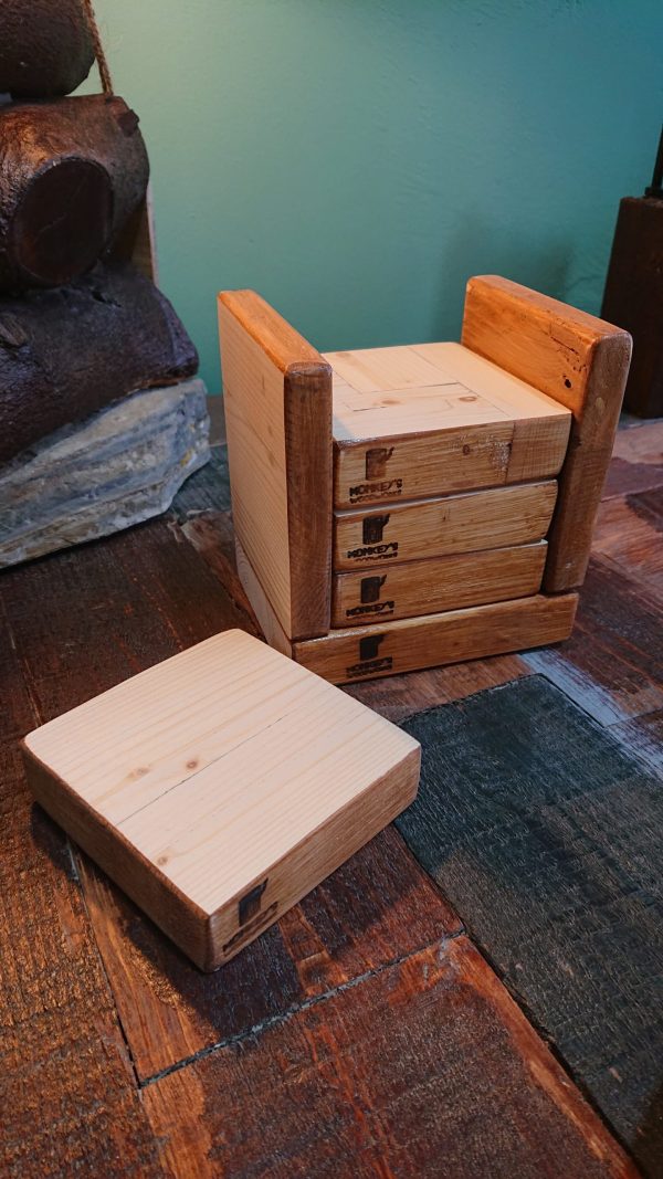 Handmade, hard-wearing, big block, pine coasters with holder