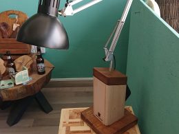 Industrial style work lamp on handmade stand with carry handle