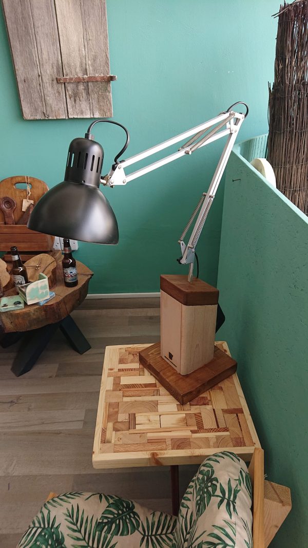 Industrial style work lamp on handmade stand with carry handle