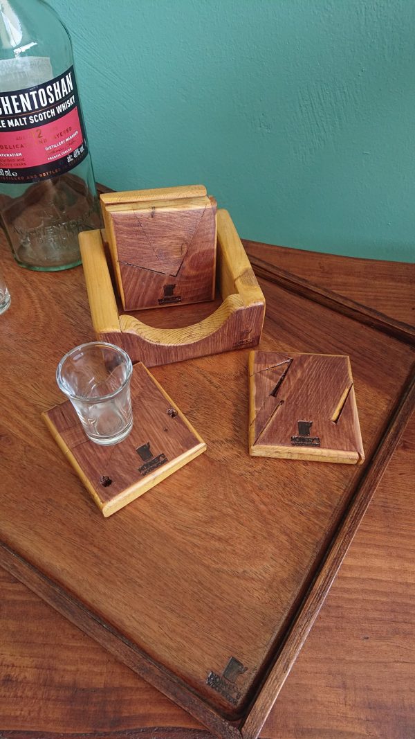 Set of 4 Handmade high-quality multi-wood coasters with holder that includes built in bottle opener