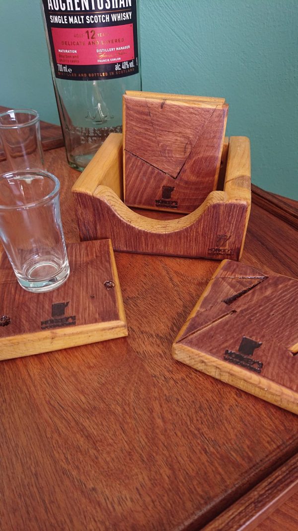 Set of 4 Handmade high-quality multi-wood coasters with holder that includes built in bottle opener - Image 8