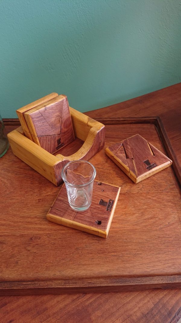 Set of 4 Handmade high-quality multi-wood coasters with holder that includes built in bottle opener - Image 7
