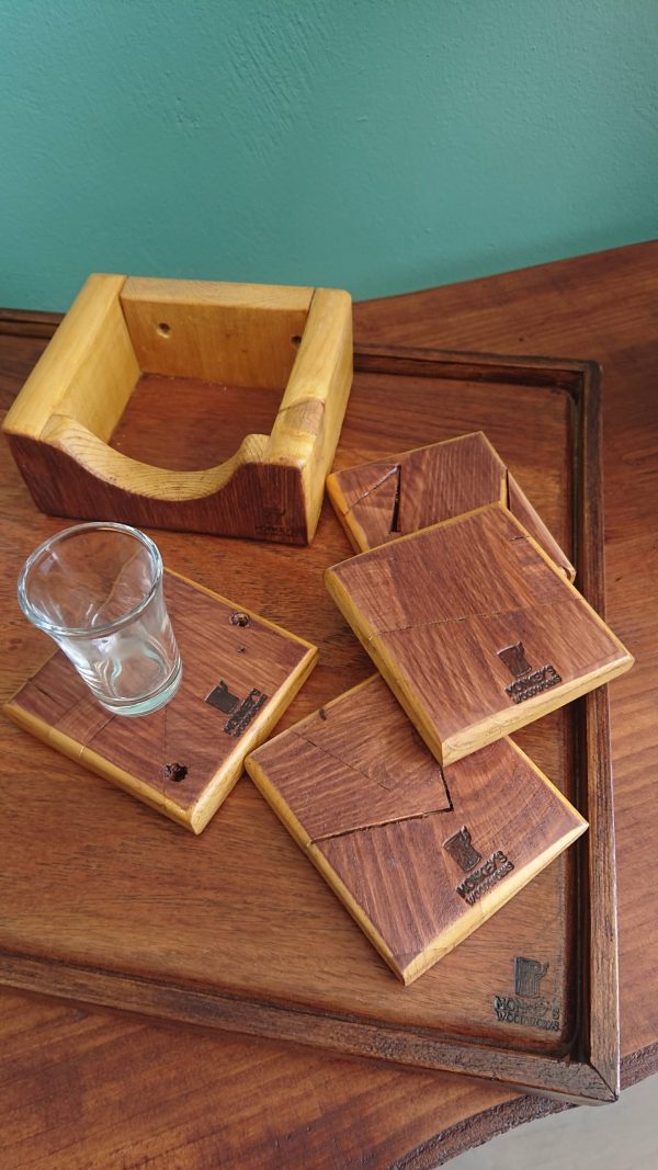 Set of 4 Handmade high-quality multi-wood coasters with holder that includes built in bottle opener - Image 6