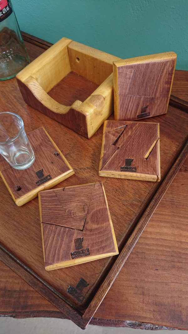 Set of 4 Handmade high-quality multi-wood coasters with holder that includes built in bottle opener - Image 5