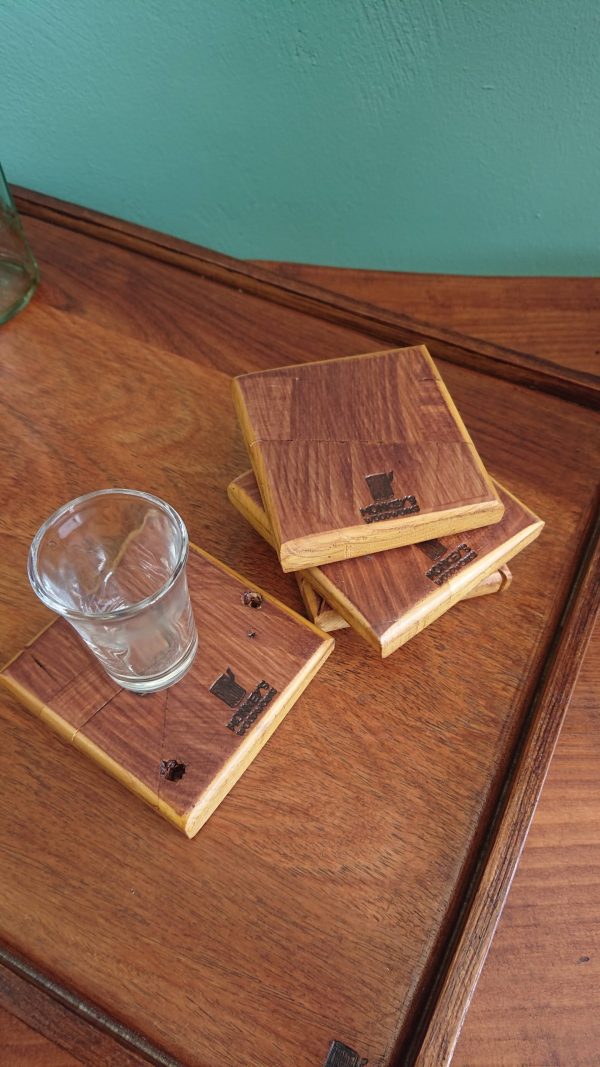 Set of 4 Handmade high-quality multi-wood coasters with holder that includes built in bottle opener - Image 4