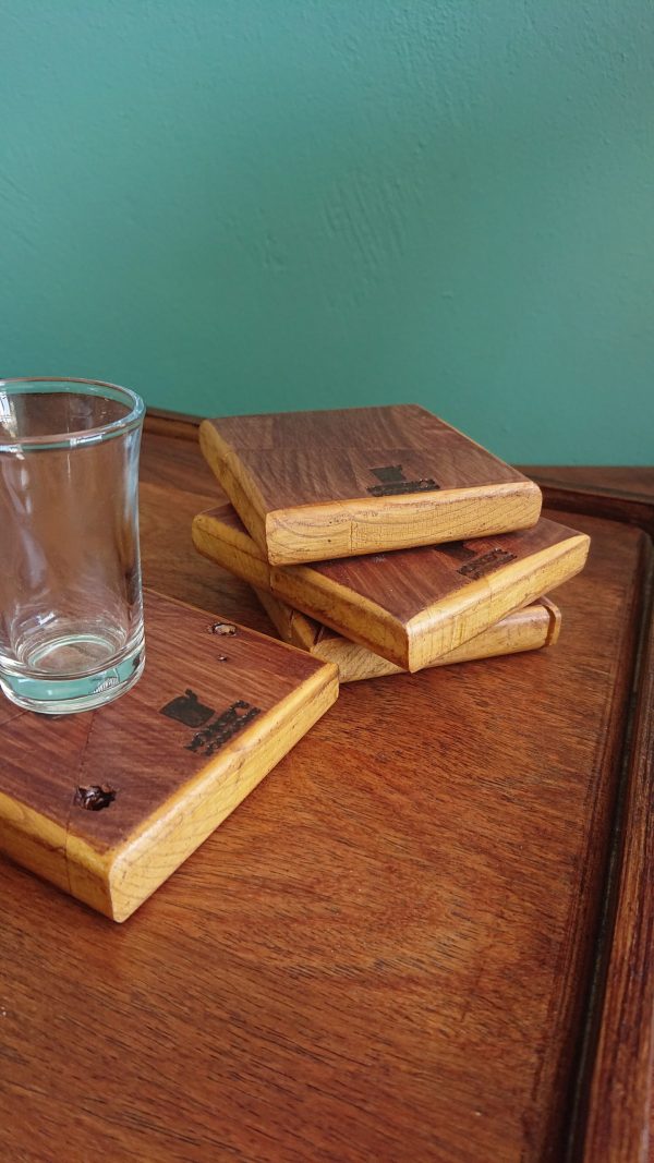 Set of 4 Handmade high-quality multi-wood coasters with holder that includes built in bottle opener - Image 3
