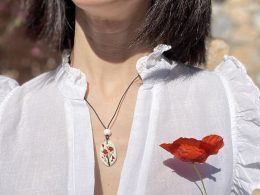 Hand Painted Pebble Necklace "Poppies"