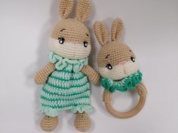 crocheted Bunny rattle-teething toy and lovey set