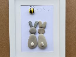 Framed Pebble Art “Happy Bunnies”