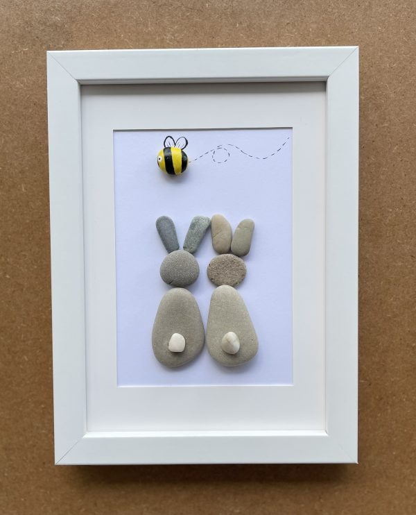 Framed Pebble Art “Happy Bunnies”