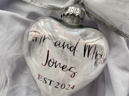 Personalized feathered bauble. New baby, wedding keepsake.