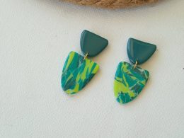 Lime, turquoise and blue marbled oval polymer clay earrings