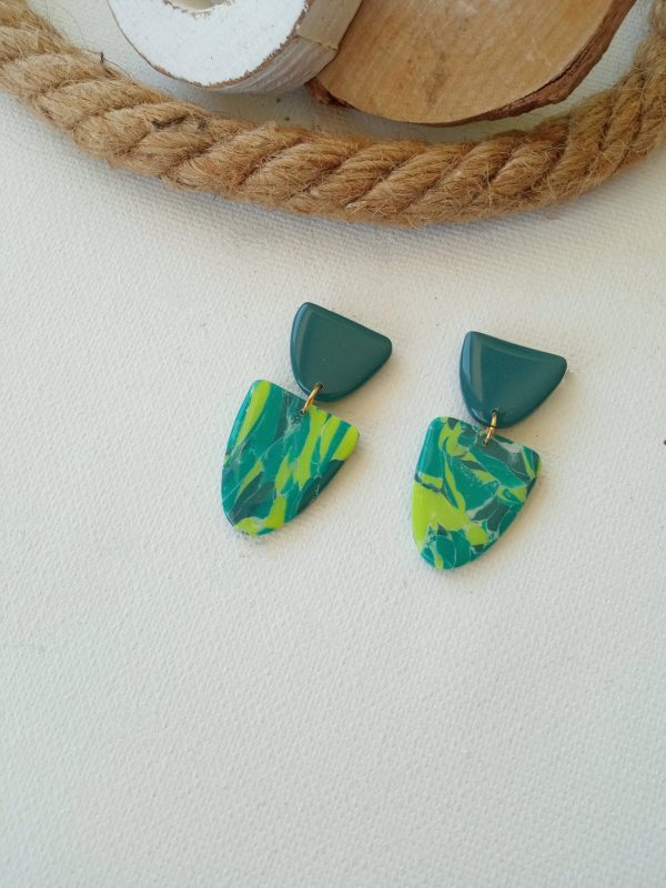 Lime, turquoise and blue marbled oval polymer clay earrings