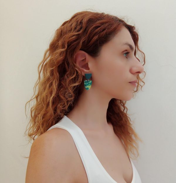 Lime, turquoise and blue marbled oval polymer clay earrings - Image 2