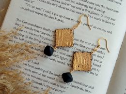 Gold and black rhombus polymer clay dangle earrings