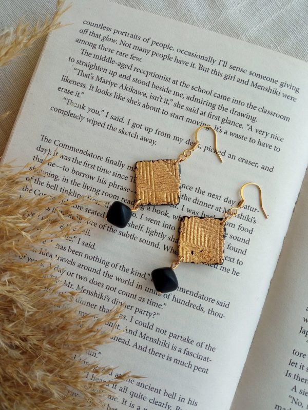 Gold and black rhombus polymer clay dangle earrings