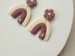 Ivory and mauve flower/ rainbow polymer clay earrings