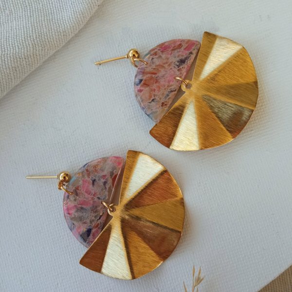 Marbled multicoloured and gold semi-circles polymer clay earrings