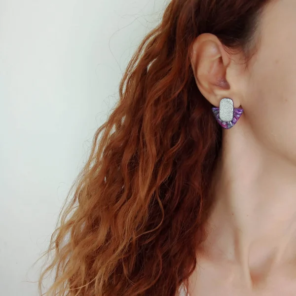 Marbled fuchsia, purple and silver traingular stud earrings - Image 2