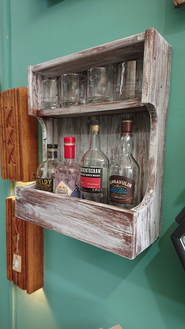 Rustic, repurposed wood, wall-mounted drinks bar with shelf