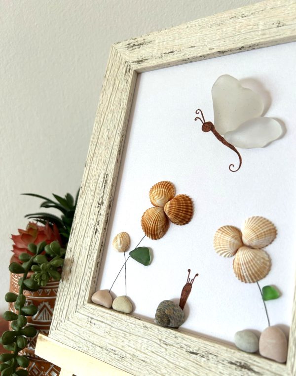A lovely scene with a butterfly, snail, and flowers, made with seaglass and seashells, perfect as a unique gift! - Image 5