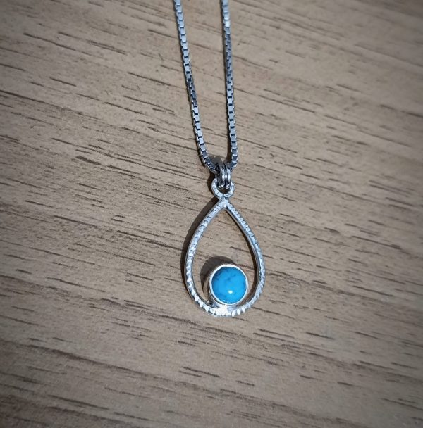 Silver turquoise drop pendant in silver square chain - Image 2
