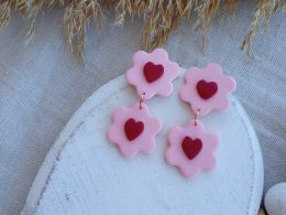 Pink flowers with red hearts earrings