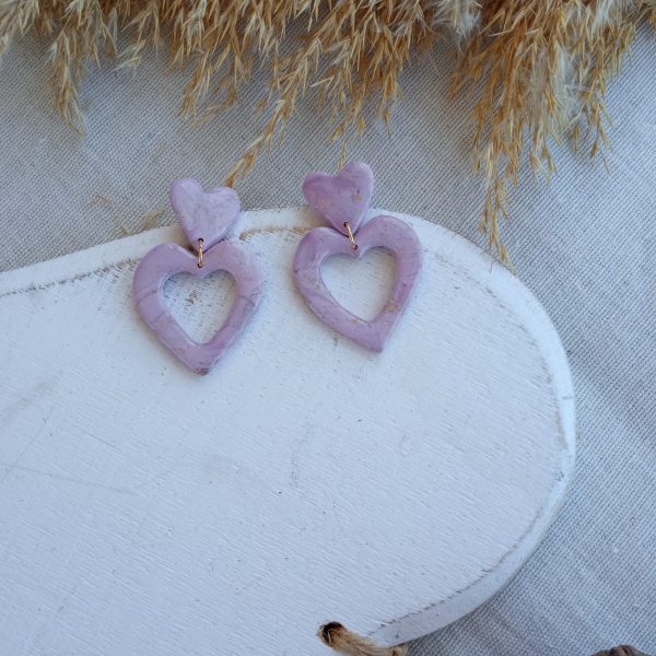 Marbled lilac small heart/ hollow heart stud earrings - Image 3