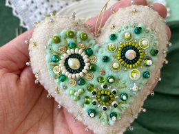 Mint green heart ornament. Beaded Cyprus heart.