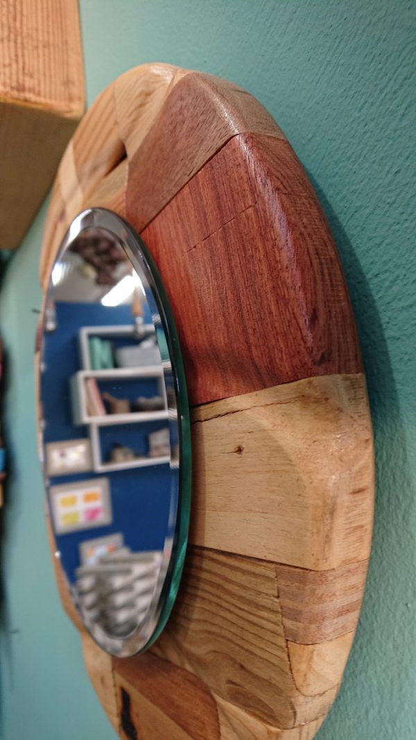 Round, carved, multi wood framed mirror - Image 4