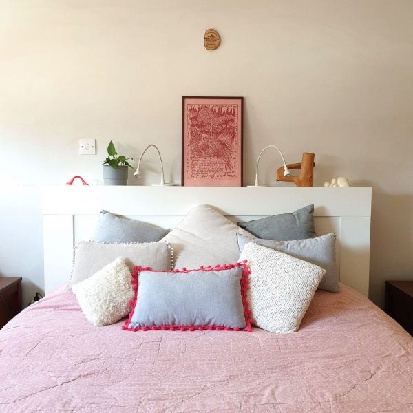 the "Silly Princess" cushion // grey & fuchsia decorative cushion - in use bedroom