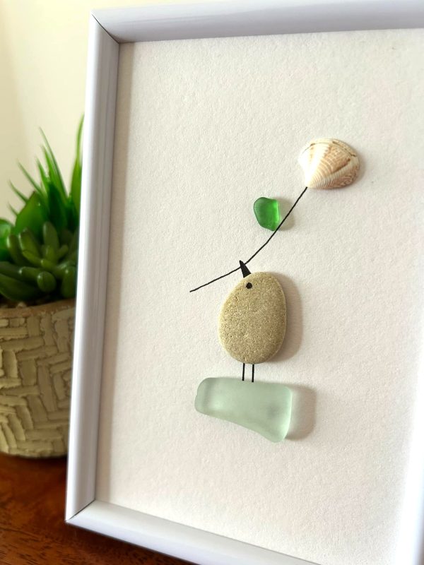 Seaglass and Pebble Framed Artwork, with a Bird Holding a Flower