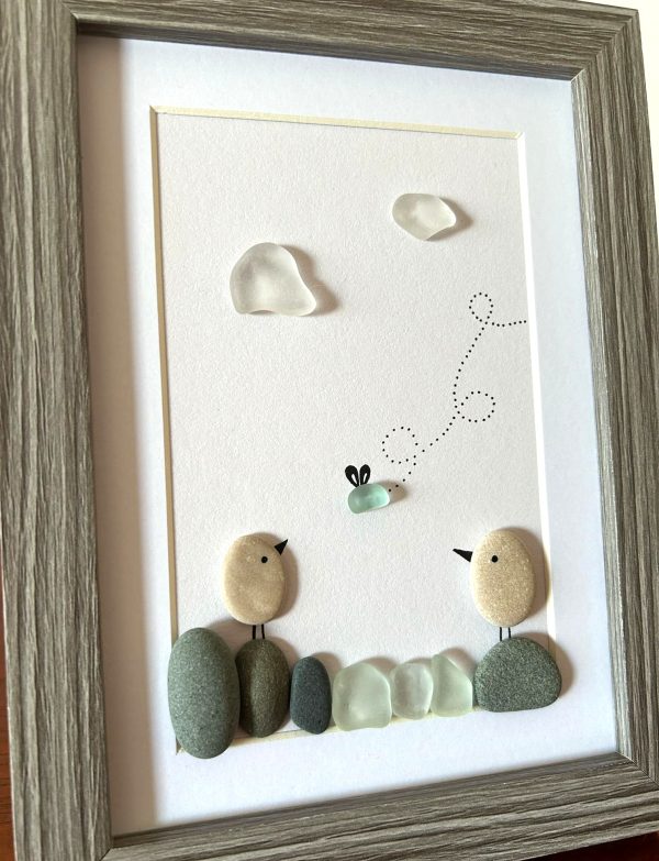 Seaglass Artwork with Birds and Clouds