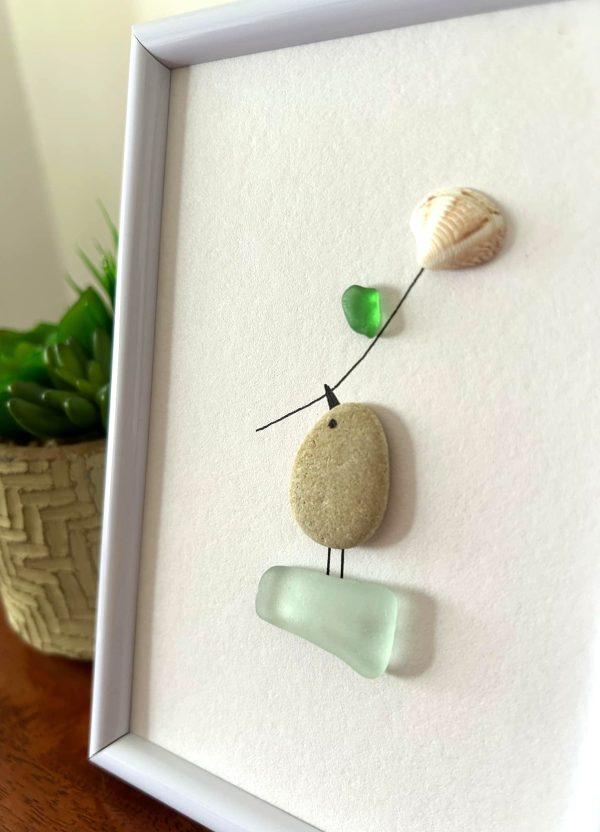 Seaglass and Pebble Framed Artwork, with a Bird Holding a Flower