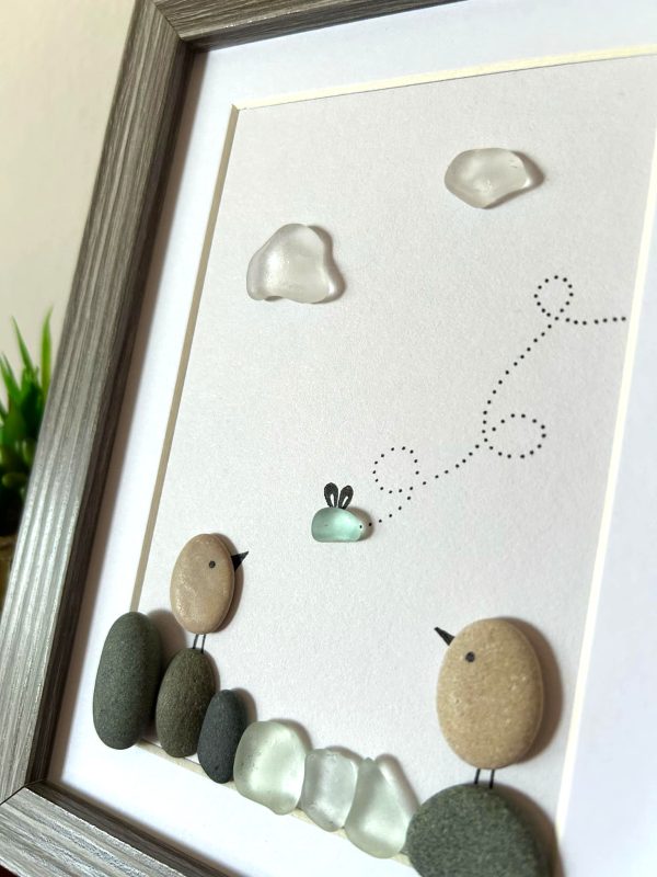 Seaglass Artwork with Birds and Clouds