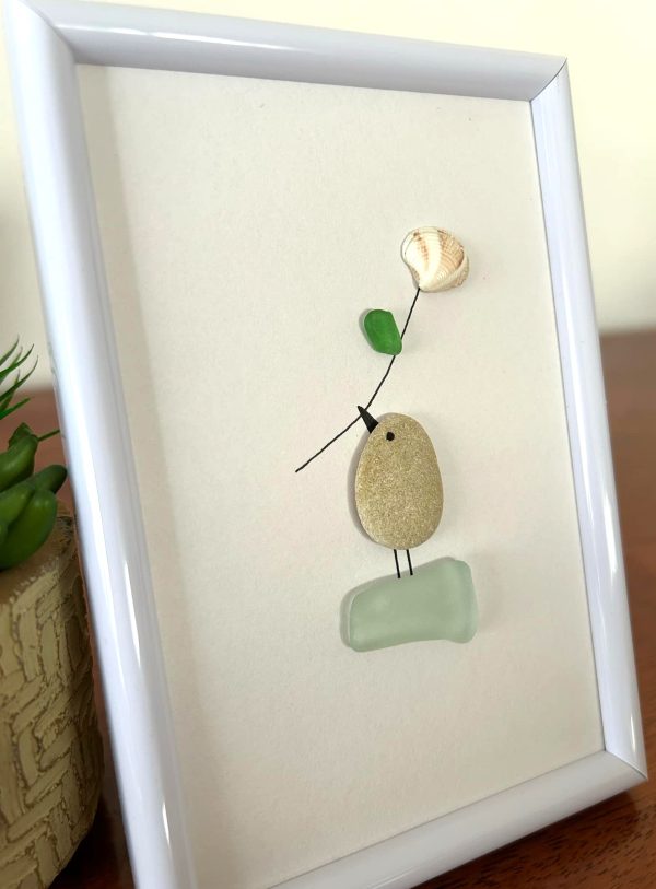 Seaglass and Pebble Framed Artwork, with a Bird Holding a Flower