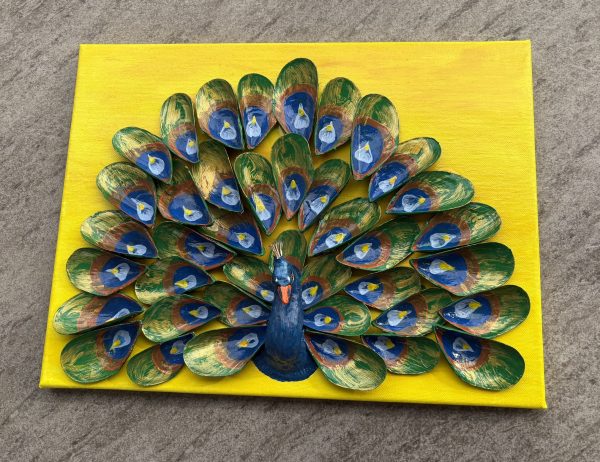 Handmade Peacock Shell Art on Canvas - Front View