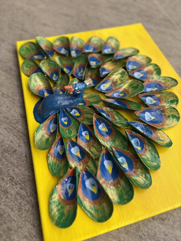 Handmade Peacock Shell Art on Canvas - Zoom