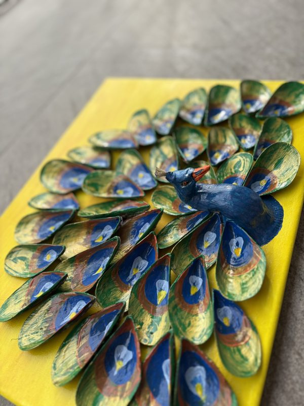 Handmade Peacock Shell Art on Canvas - Details 3D