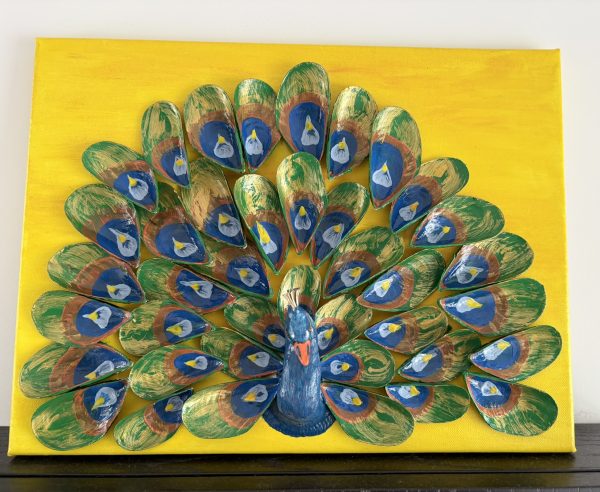 Handmade Peacock Shell Art on Canvas – Front View