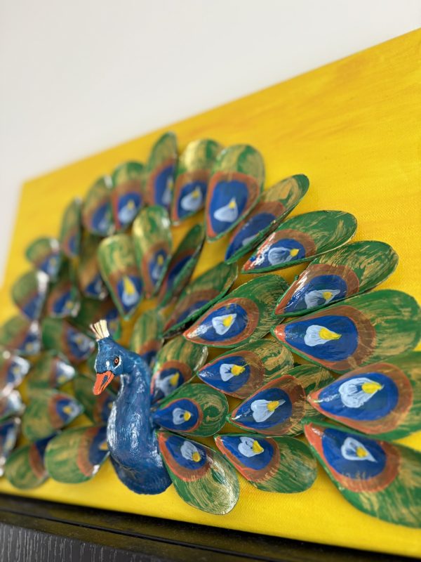Handmade Peacock Shell Art on Canvas - Details
