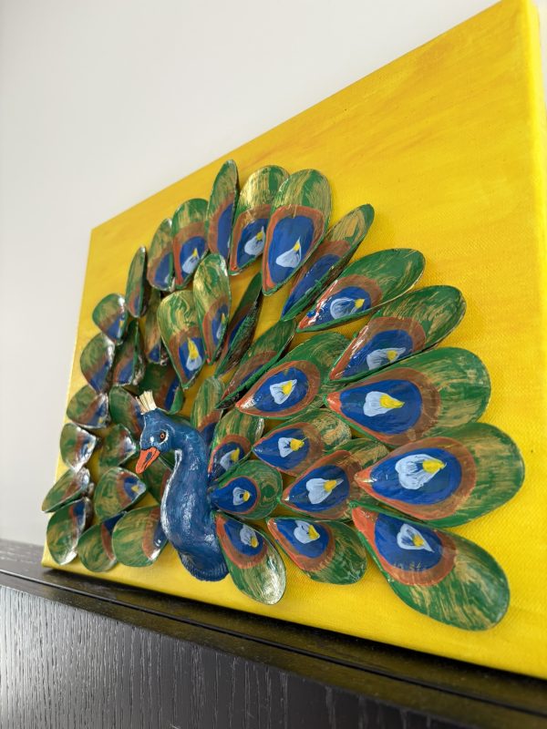 Handmade Peacock Shell Art on Canvas - Side View Zoom on Details