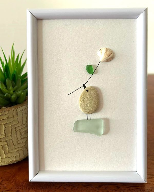 Seaglass and Pebble Framed Artwork, with a Bird Holding a Flower