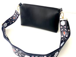 black messenger bag with bohemian strap front